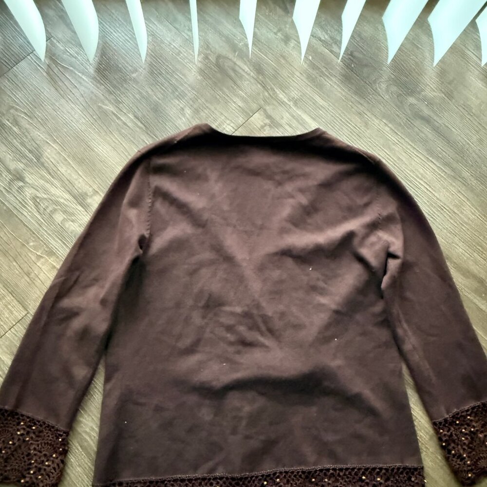 Pointelle Brown Silk Blend Cardigan Small Beaded Crochet Trim Button Front - Picture 3 of 3